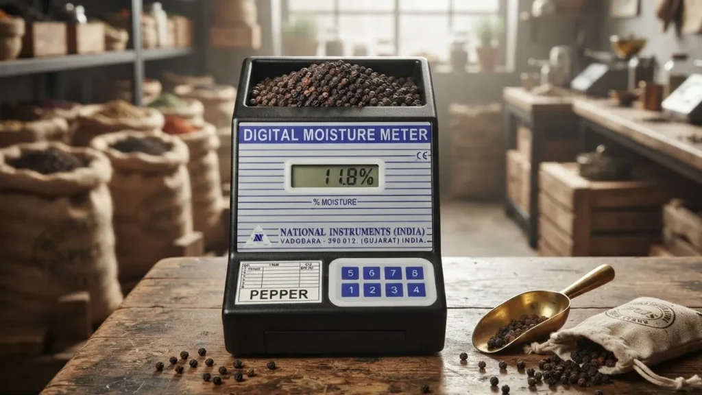 moisture meter national baroda berbentuk kotak mengukur tingkat persentase kadar air pada biji lada hitam dengan background beberapa karung biji lada di gudang penyimpanan