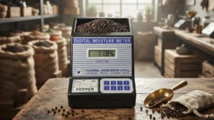 moisture meter national baroda berbentuk kotak mengukur tingkat persentase kadar air pada biji lada hitam dengan background beberapa karung biji lada di gudang penyimpanan