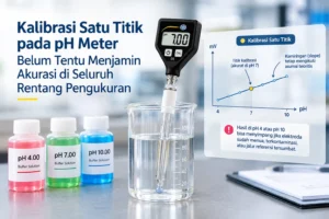 Kalibrasi satu titik pada pH meter dengan buffer pH 7 dan verifikasi akurasi pada rentang pH 4 hingga 10.