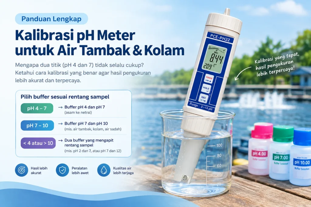 Infografis panduan kalibrasi pH meter untuk air tambak dan kolam, menampilkan PCE-PH 22, pilihan buffer pH 4–7, 7–10, dan di luar rentang tersebut.