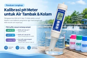 Infografis panduan kalibrasi pH meter untuk air tambak dan kolam, menampilkan PCE-PH 22, pilihan buffer pH 4–7, 7–10, dan di luar rentang tersebut.