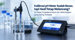 pH meter bench-top dengan elektroda pH dan sampel cairan dalam beaker di laboratorium
