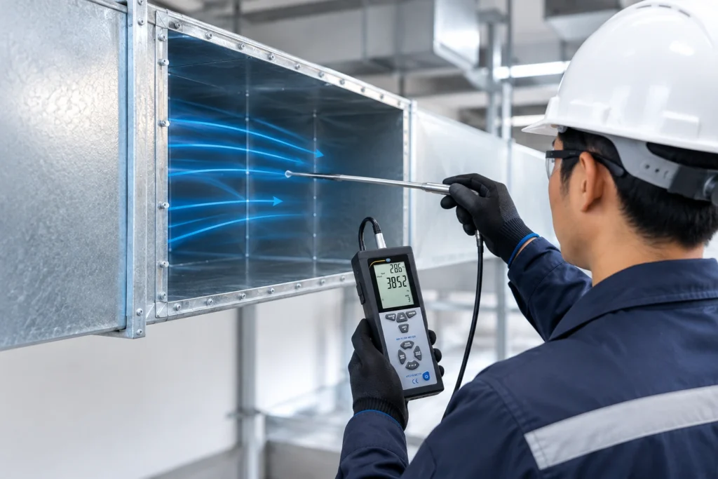 Teknisi mengukur kecepatan udara di dalam duct HVAC menggunakan pitot tube dan air flow meter.