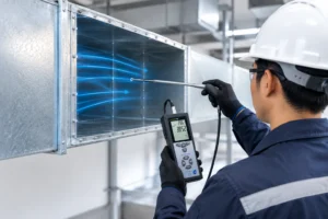 Teknisi mengukur kecepatan udara di dalam duct HVAC menggunakan pitot tube dan air flow meter.