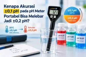 pH meter portabel PCE-PH 15 mengukur pH larutan dengan perbandingan akurasi ±0,1 pH pada 20°C dan ±0,2 pH pada suhu lain