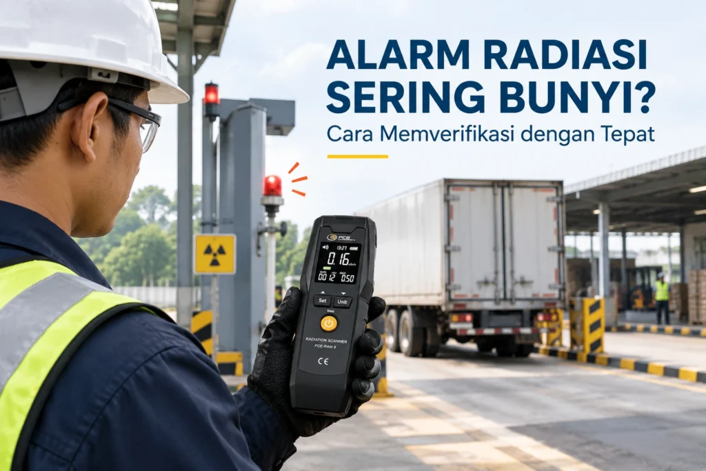 Petugas K3 menggunakan radiation scanner PCE-RAM 8 untuk memverifikasi alarm radiasi di area pemeriksaan kendaraan industri.