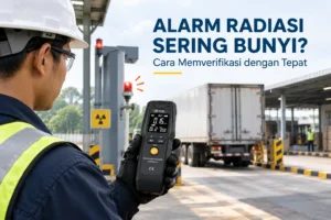 Petugas K3 menggunakan radiation scanner PCE-RAM 8 untuk memverifikasi alarm radiasi di area pemeriksaan kendaraan industri.