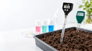 Digital pH meter dengan elektroda runcing digunakan untuk mengukur pH tanah lembap, dengan probe analog sebagai pembanding.