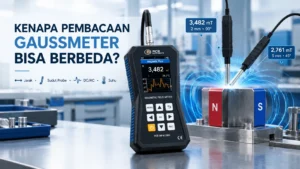 Gaussmeter PCE-MFM 3800 mengukur medan magnet pada magnet dengan ilustrasi perbedaan jarak dan sudut probe.