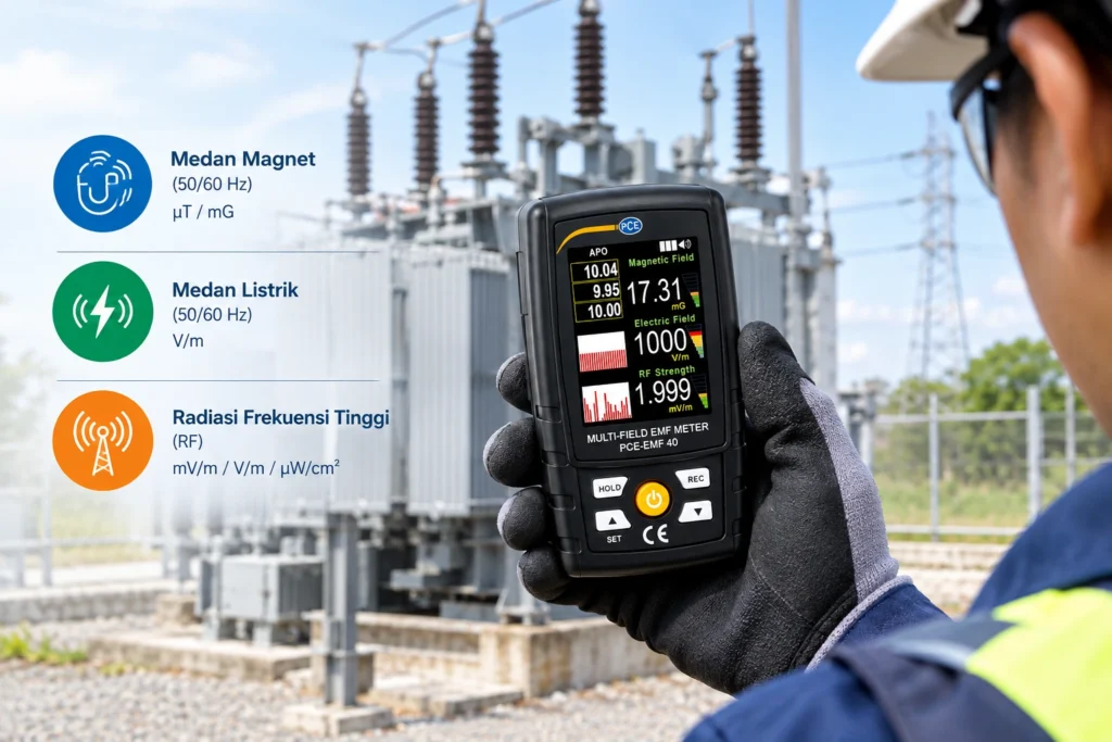 PCE-EMF 40 digunakan untuk mengukur medan magnet, medan listrik, dan radiasi elektromagnetik frekuensi tinggi di area gardu listrik.