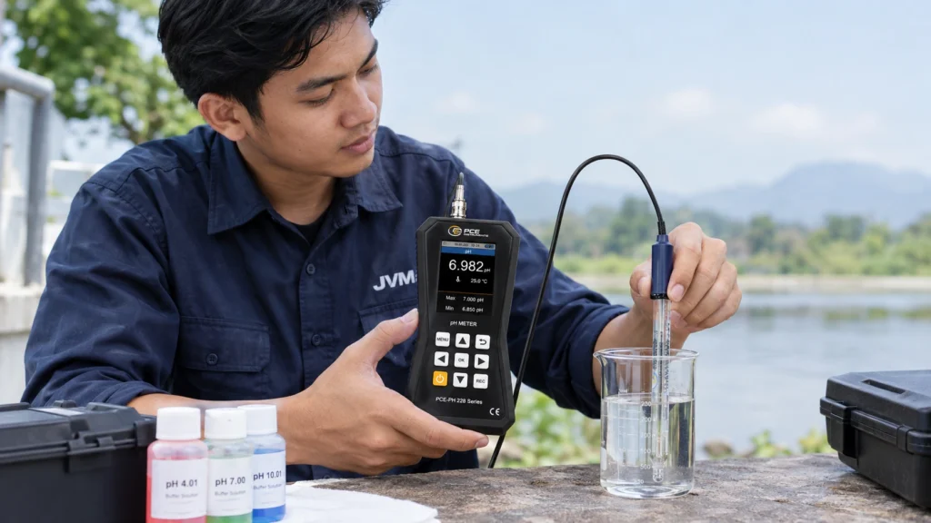 Teknisi Indonesia menggunakan PCE-PH 228 Series pH meter untuk mengukur pH sampel air di lingkungan luar ruangan.