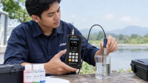Teknisi Indonesia menggunakan PCE-PH 228 Series pH meter untuk mengukur pH sampel air di lingkungan luar ruangan.