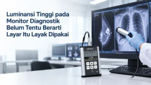 Luminance meter PCE-LMD 100 mengukur luminansi monitor diagnostik radiologi dengan citra medis pada layar.