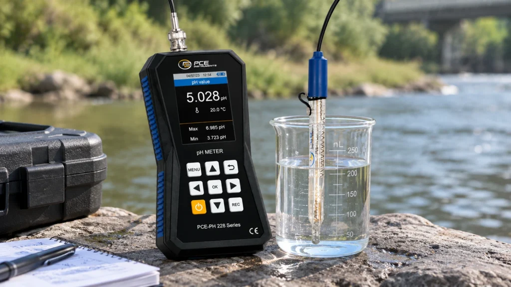 PCE-PH 228 series pH meter dengan elektroda pH digunakan untuk mengukur nilai pH sampel air di lingkungan luar ruangan.