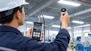 Teknisi menggunakan PCE light meter untuk mengukur intensitas pencahayaan di area kerja industri