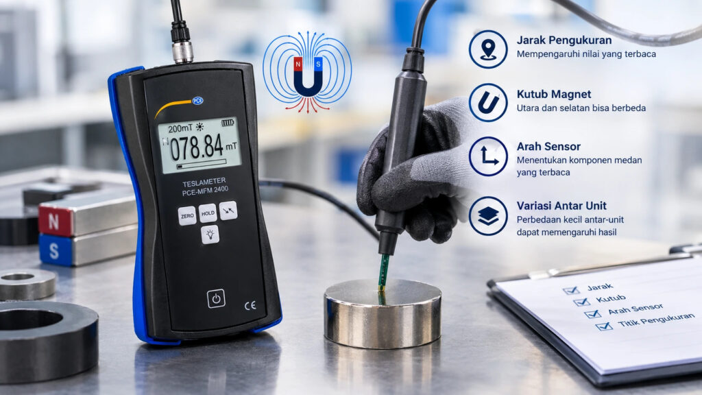 Gauss meter PCE-MFM 2400 mengukur medan magnet permanen dengan probe Hall, disertai ilustrasi faktor jarak, kutub, arah sensor, dan variasi antar-unit.