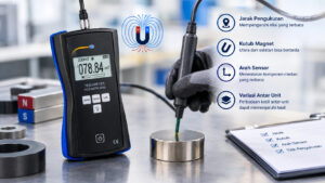 Gauss meter PCE-MFM 2400 mengukur medan magnet permanen dengan probe Hall, disertai ilustrasi faktor jarak, kutub, arah sensor, dan variasi antar-unit.