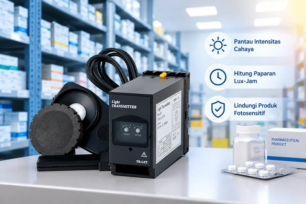 Pemantauan intensitas cahaya kontinu menggunakan light transmitter untuk mengontrol paparan lux-jam pada produk fotosensitif