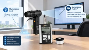 Environmental Meter PCE-LMD 200-LD-KIT untuk mengukur illuminance (lux) dan luminance (cd/m²) pada pencahayaan ruangan, silau, dan layar.