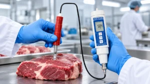 PCE-PH20S pH meter dengan probe tusuk mengukur pH daging sapi segar di meja stainless steel.