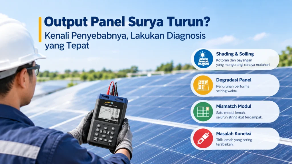 Teknisi memeriksa panel surya menggunakan solar module analyzer untuk mendiagnosis penyebab penurunan output panel.