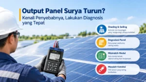 Teknisi memeriksa panel surya menggunakan solar module analyzer untuk mendiagnosis penyebab penurunan output panel.