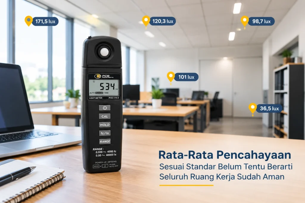Lux meter PCE-170 A mengukur pencahayaan di ruang kerja dengan variasi nilai lux pada beberapa titik.