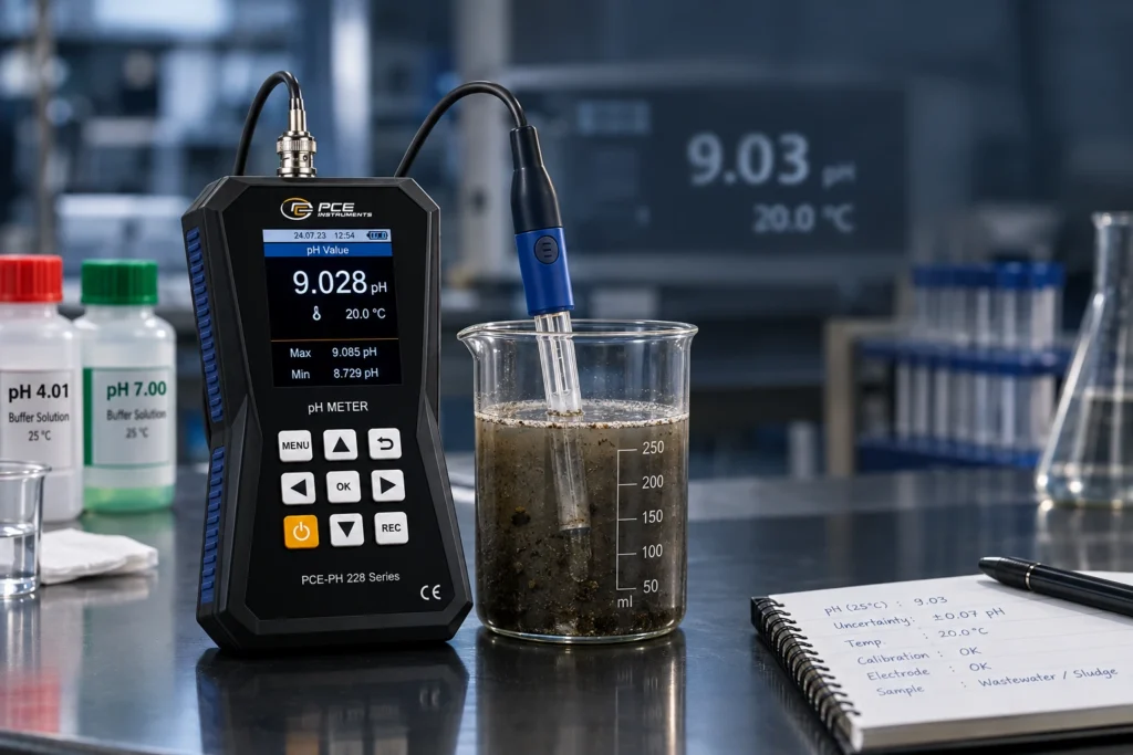 pH meter PCE-PH 228LAB-HTE mengukur pH sampel lumpur air limbah di laboratorium