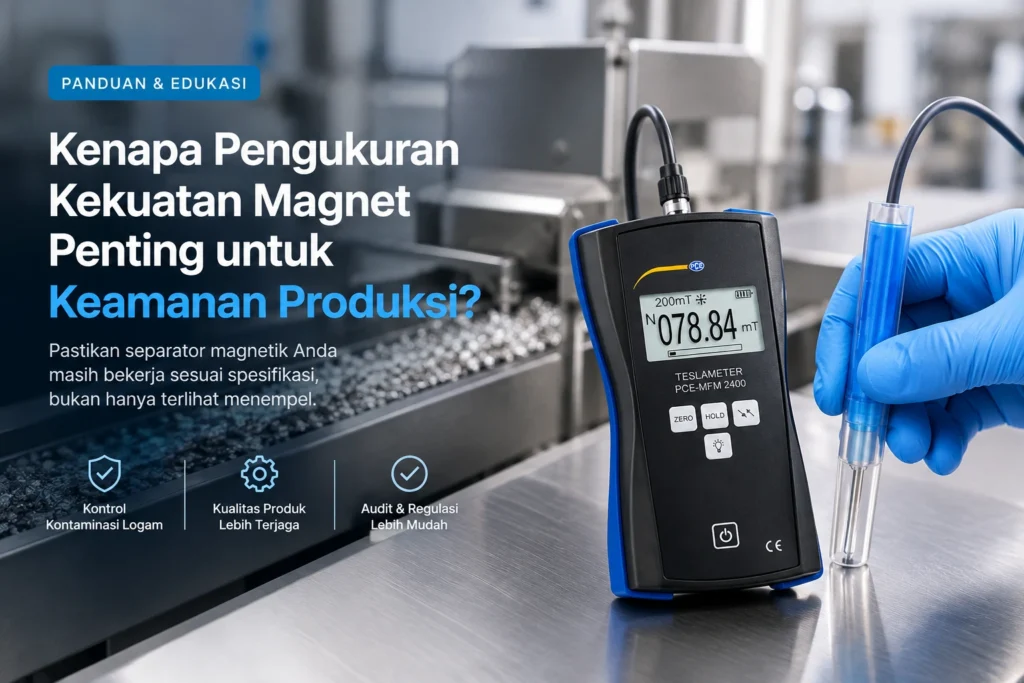Teslameter PCE-MFM 2400 digunakan untuk mengukur kekuatan medan magnet pada separator magnetik di lingkungan industri.