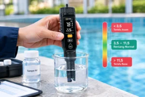 Environmental Meter PCE-PH 14 digunakan untuk mengukur pH sampel air dengan layar menampilkan nilai pH dan suhu.