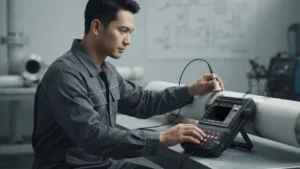 inspeksi cacat las pada pipa dengan Mitech MFD620C Ultrasonic Flaw Detector