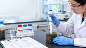 Pengukuran pH sampel sludge menggunakan pH meter dengan elektroda datar di laboratorium.
