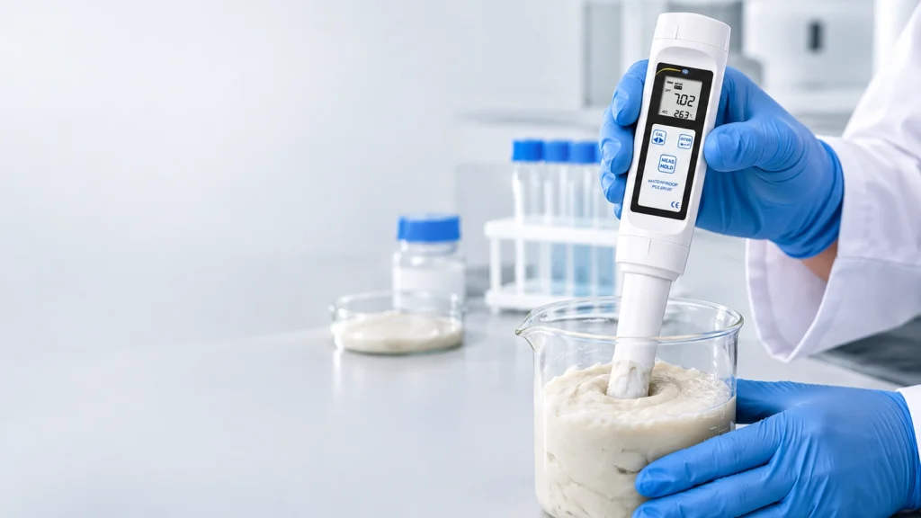 pH meter digital mengukur cairan kental menggunakan elektroda pH datar di laboratorium