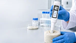 pH meter digital mengukur cairan kental menggunakan elektroda pH datar di laboratorium