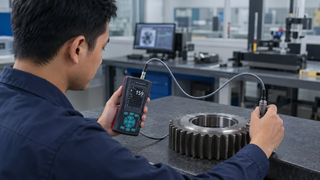 teknisi quality control mengukur kekerasan komponen gear yang tipis menggunakan alat ukur Novotest UCI
