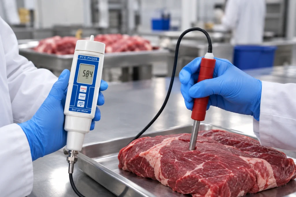 PCE-PH20S digunakan untuk mengukur pH daging sapi secara langsung dengan elektroda tusuk
