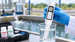 Teknisi mengukur pH air menggunakan pH meter digital portabel di lingkungan instalasi pengolahan air.