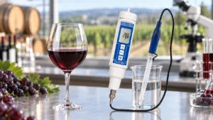 PCE-PH20S pH meter dengan elektroda terhubung untuk mengukur pH wine di laboratorium.