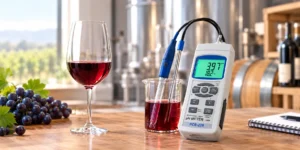 pH meter mengukur pH dan suhu wine merah dalam lingkungan laboratorium winery
