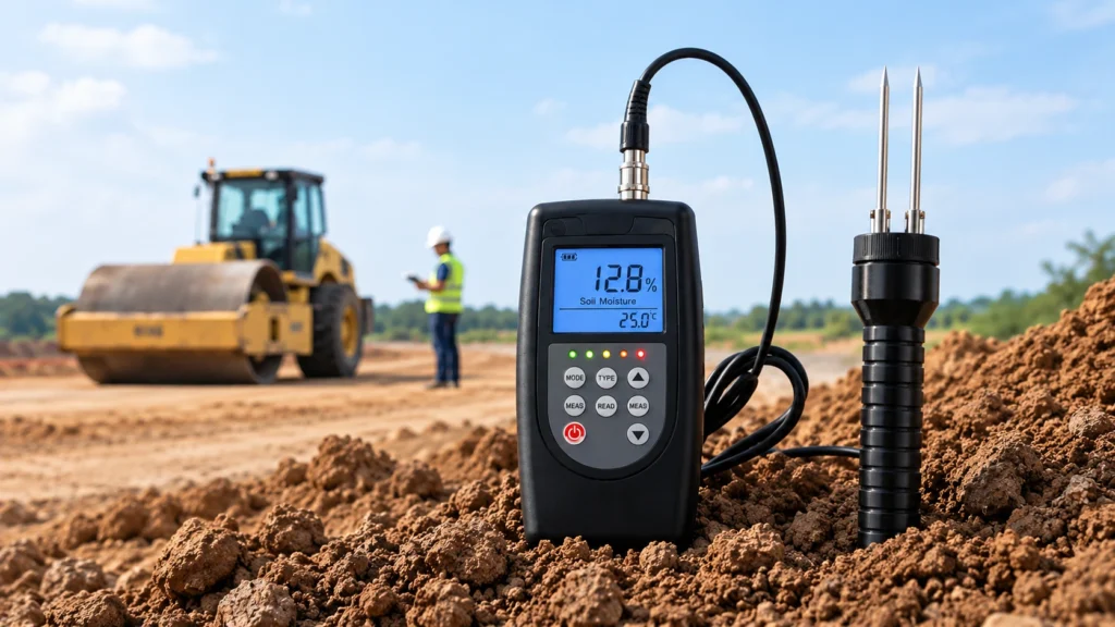 Soil moisture meter digital untuk mengukur kadar air tanah timbunan di lokasi proyek konstruksi jalan.