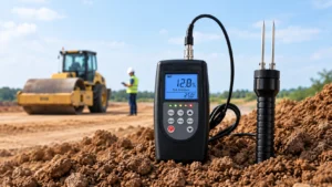 Soil moisture meter digital untuk mengukur kadar air tanah timbunan di lokasi proyek konstruksi jalan.