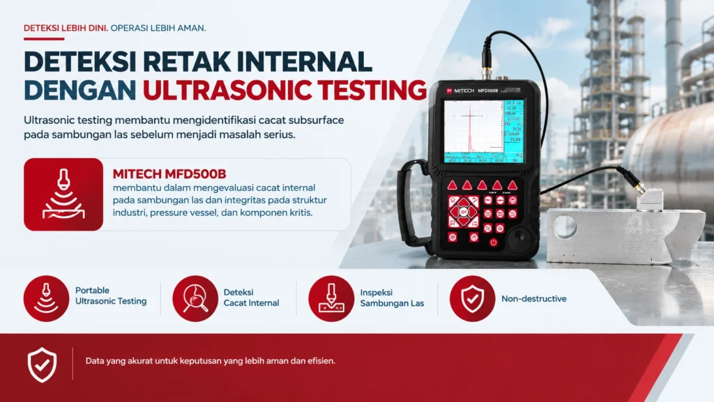 deteksi retak internal hasil pengelasan dengan MITECH MFD500B membantu dalam mengevaluasi cacat internal pada sambungan las dan integritas pada struktur industri, pressure vessel, dan komponen kritis.