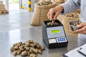 Petugas mengukur kadar air kacang mete gelondong menggunakan digital moisture meter di area penerimaan bahan baku.