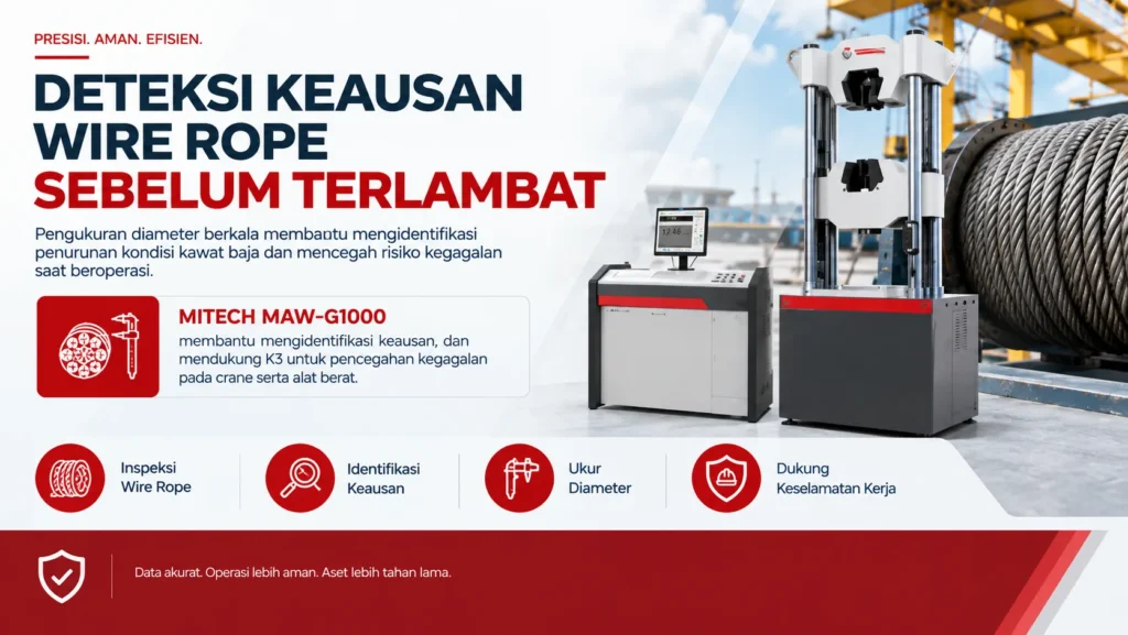 Deteksi Keausan Kawat Baja Wire Rope dengan Mitech MAW-G1000 Pengukuran diameter berkala membantu mengidentifikasi penurunan kondisi kawat baja dan mencegah risiko kegagalan saat beroperasi.