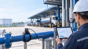 Flow meter ultrasonik clamp-on pada pipa PVC DN80 untuk memantau aliran air dan integrasi data ke sistem WMS di area dock truk tangki.