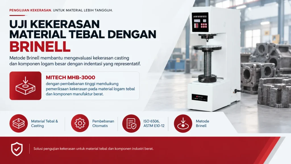 cara uji kekerasan brinell menggunakan Mitech mhb-3000 untuk material logam tebal dengan metode brinell