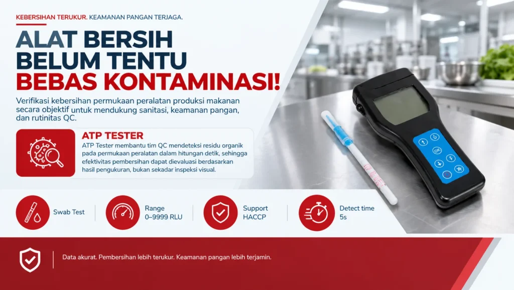 cegah kontaminasi silang dengan verifikasi kebersihan permukaan peralatan produksi makanan dengan ATP tester mendeteksi residu organik pada permukaan peralatan dalam hitungan detik, sehingga efektivitas pembersihan dapat dievaluasi berdasarkan hasil pengukuran, bukan sekadar inspeksi visual.