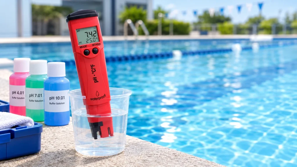 pH meter digital mengukur pH air kolam renang dengan larutan buffer kalibrasi di tepi kolam.
