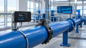 Flow meter ultrasonik clamp-on pada pipa distribusi air untuk pemantauan debit secara real-time dalam sistem smart water grid.