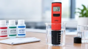 pH tester HANNA pHep berwarna merah di dalam gelas ukur dengan larutan buffer pH 4,01, 7,00, dan 10,01 untuk pemeriksaan dan kalibrasi elektroda pH.